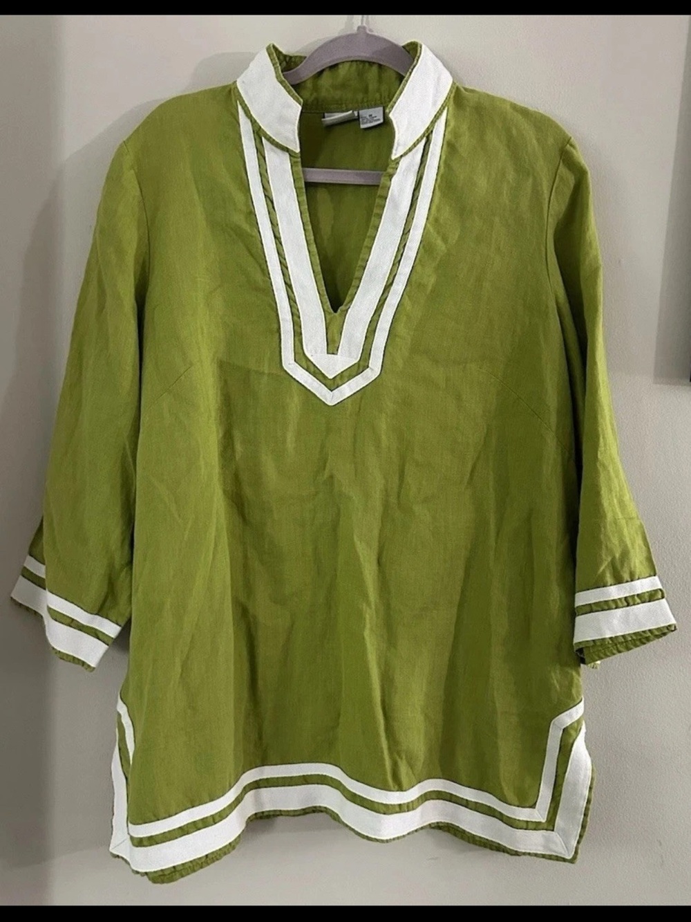 Alexandra Bartlett Top Tunic Blouse Popover 1X Green 100% Linen 3/4 Sleeve Split